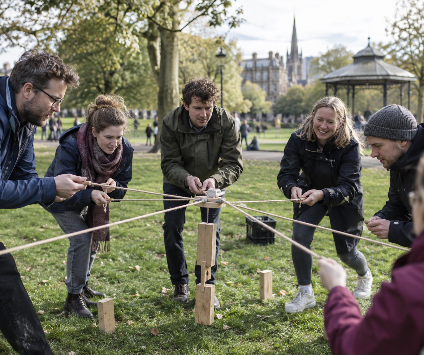 Colleagues taking part in a team-building activity in a public park